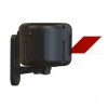 Black wall-mounted retractable belt dispenser with red belt extended, side view on mounting bracket