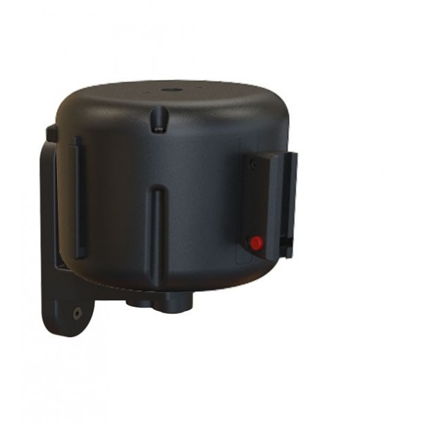 Black wall-mounted retractable belt dispenser, belt retracted, front view with locking button