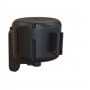 Black wall-mounted retractable belt dispenser, belt retracted, front view with locking button