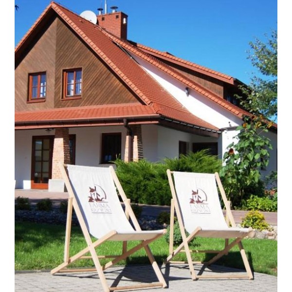 Custom beach chair with natural canvas and flocked logo in front of half-timbered house