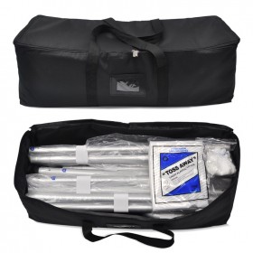 Custom tablet support in black transport bag, closed and open with dismantled structure