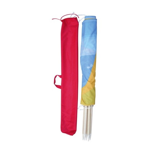 Custom beach screen folded with red transport bag and ground pegs
