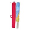 Custom beach screen folded with red transport bag and ground pegs