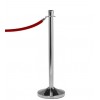 VIP retractable belt stanchion satin chrome with red belt fixed on hook, full view