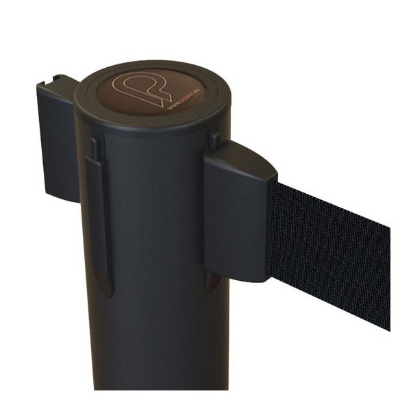 ECO retractable belt stanchion in black with belt close-up detail