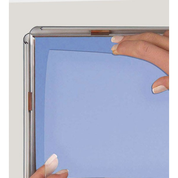 Snap frame with rounded corners, aluminium profile opening with poster insertion