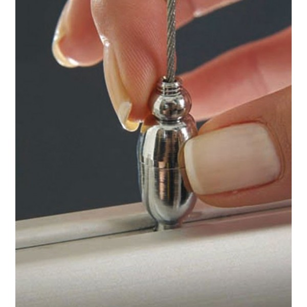 Hanging frame, metal cable attached to chrome suspension fitting