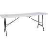 White folding table side view with cross metal frame