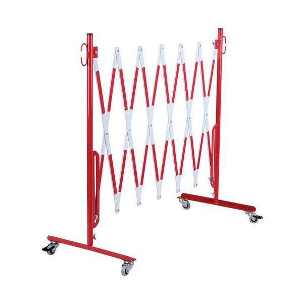 Red and white retractable barrier deployed on wheels three-quarter view