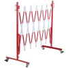 Red and white retractable barrier deployed on wheels three-quarter view