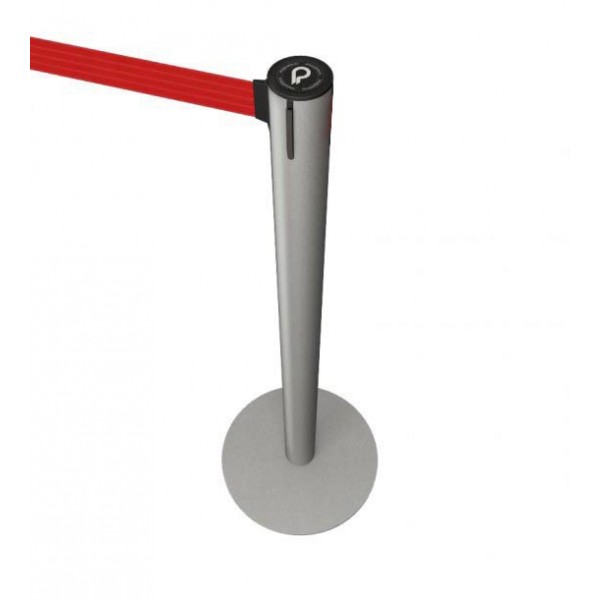 LIMIT retractable belt stanchion silver grey, close-up of cassette and belt