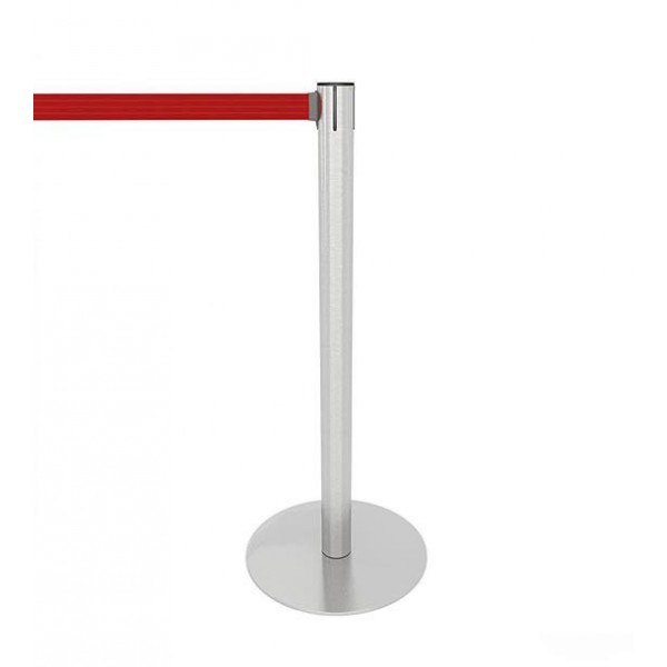 LIMIT retractable belt stanchion brushed stainless steel, full view with round base