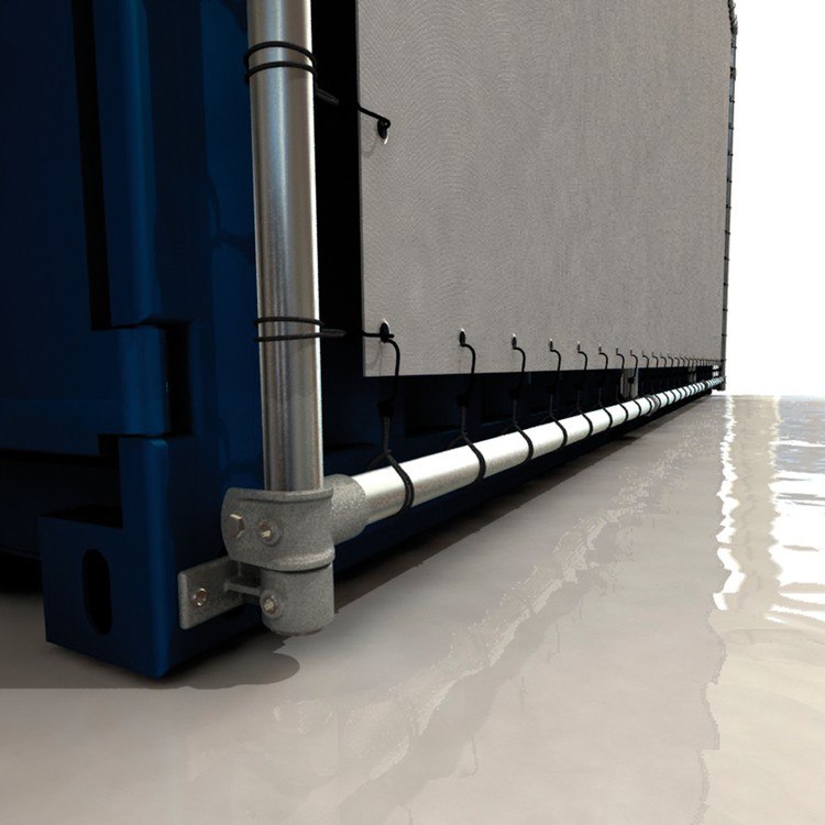Double container display, tension tube and elastic hooks along banner