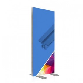 Totem in tessuto modulabile vista laterale con rivestimento blu e dettaglio profilo alluminio