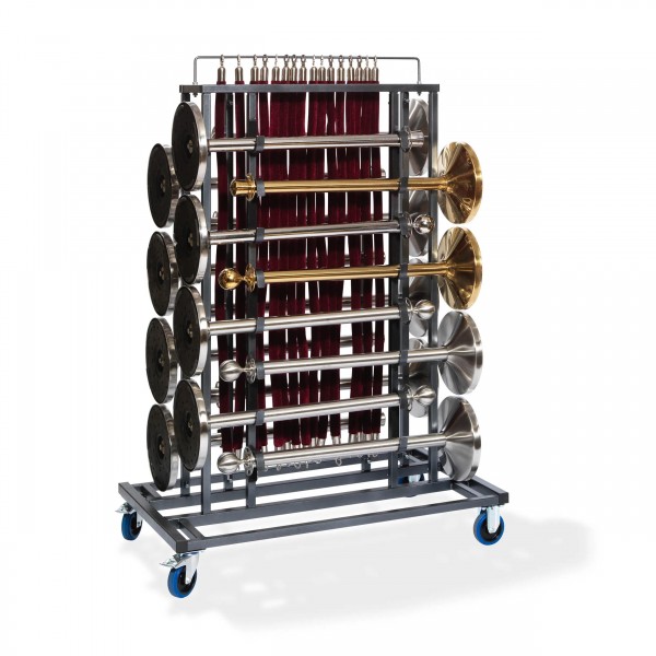 Trolley voor geleidepalen met geïntegreerde steun voor snoeren, ideaal voor snelle, efficiënte logistiek.