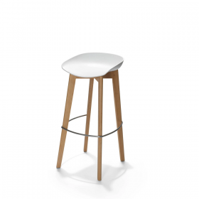 Barkruk zonder rugleuning met licht houten frame en witte zitting, in een strakke, moderne stijl.