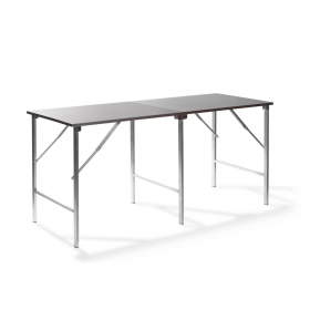 Mesa plegable para restauración acero inoxidable desplegada y montada