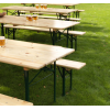 Wooden brewery bench with green steel frame in use