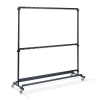 Mobile clothing rack with hanging hooks on both rails, close-up