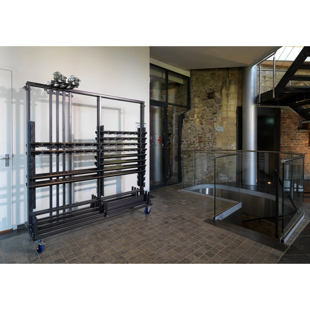 Transport trolley for mobile coat rack in professional environment storage use