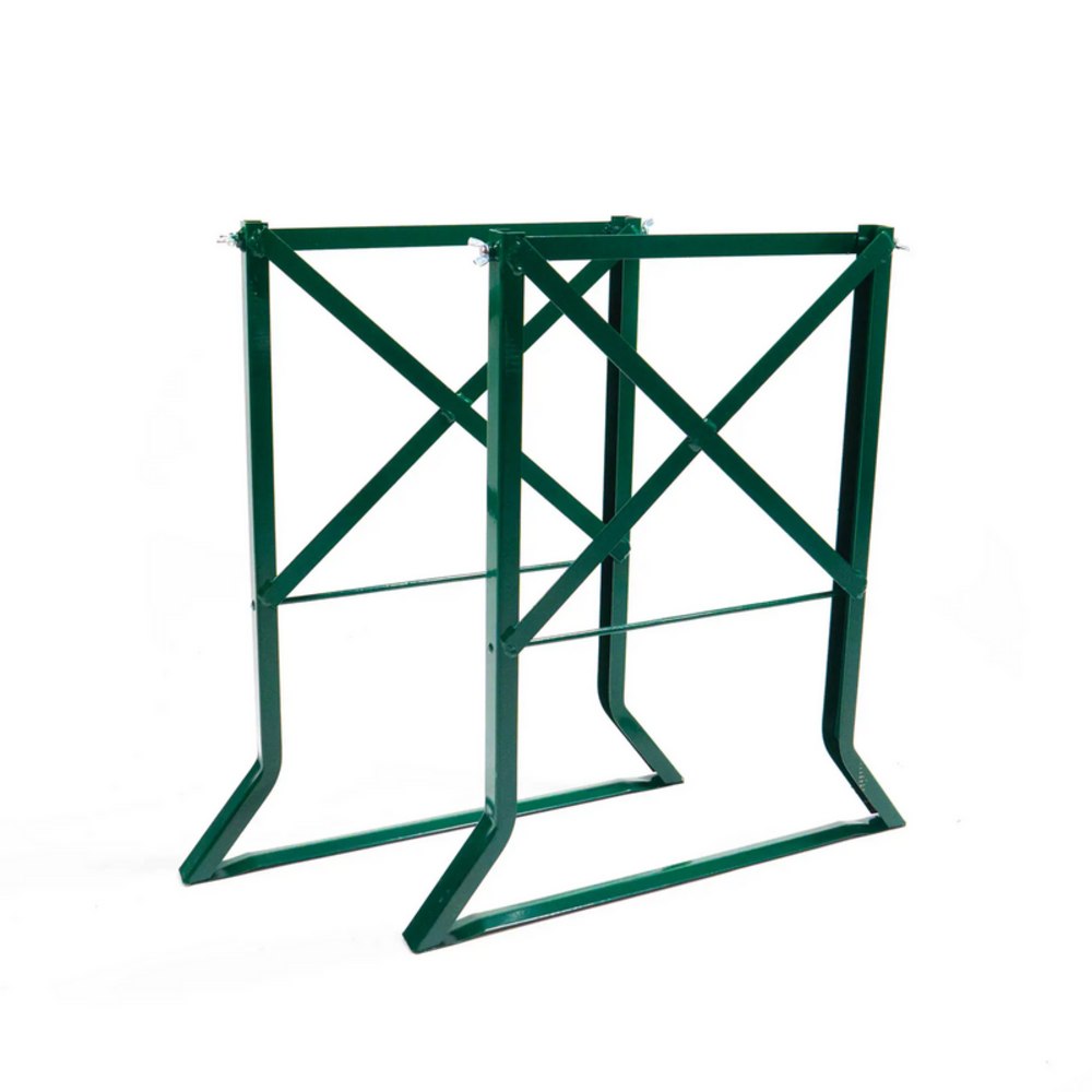 Wooden café table elevation kit with green metal cross-braced frame