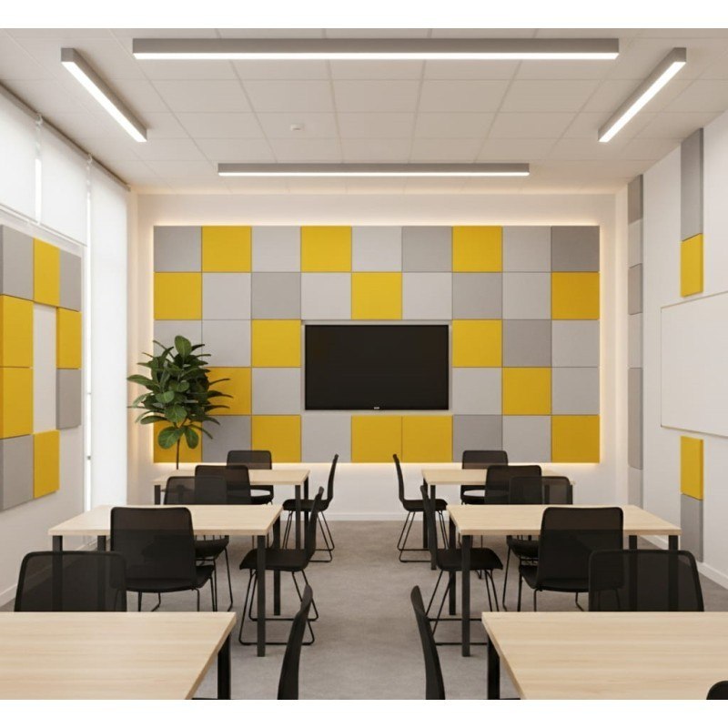 Grey and yellow Quadra acoustic wall rings dress classroom walls with contemporary style
