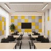 Grey and yellow Quadra acoustic wall rings dress classroom walls with contemporary style