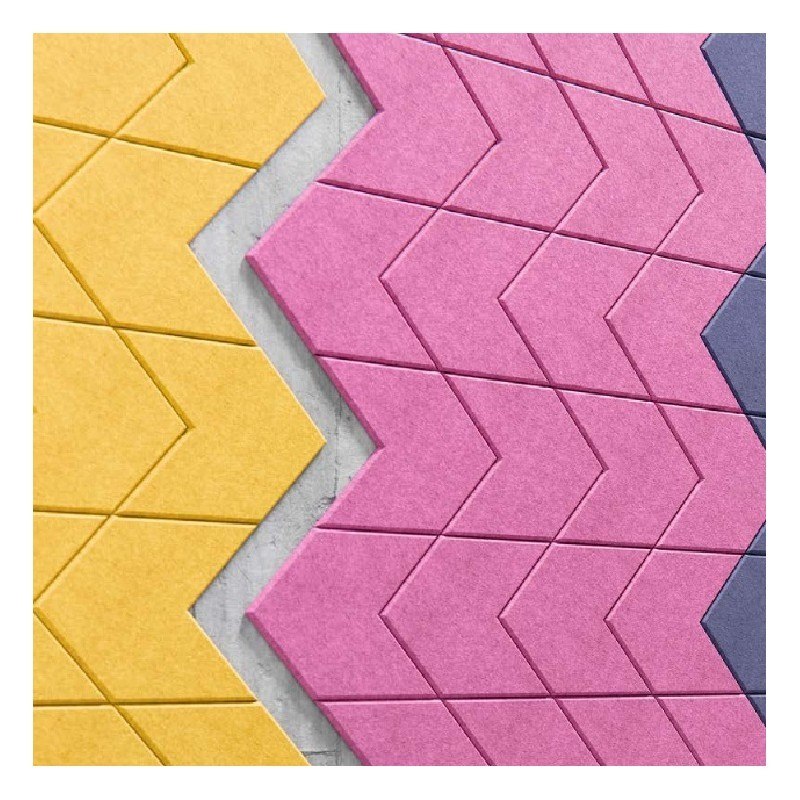 Sagitta acoustic panels close-up, yellow pink and violet chevron pattern