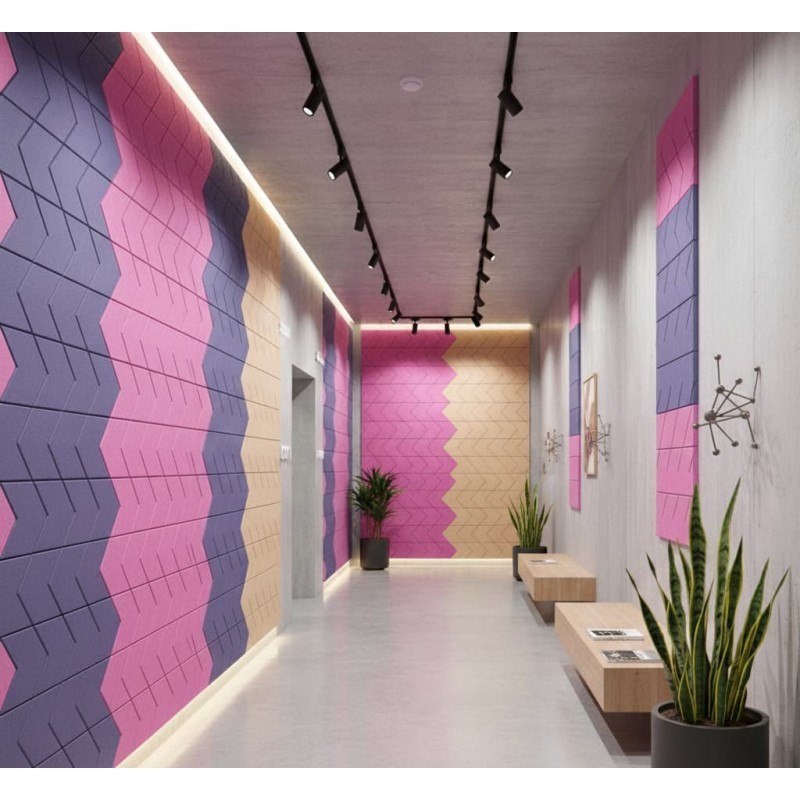 Sagitta acoustic panels lining building corridor with benches and plants