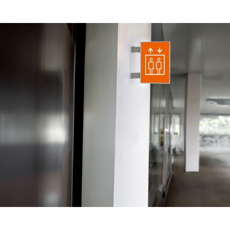 Signcode® flag signage set perpendicular to the wall with lift pictogram