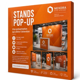 Oranje pop-up textielwand met balie en folderhouder op een beursvloer