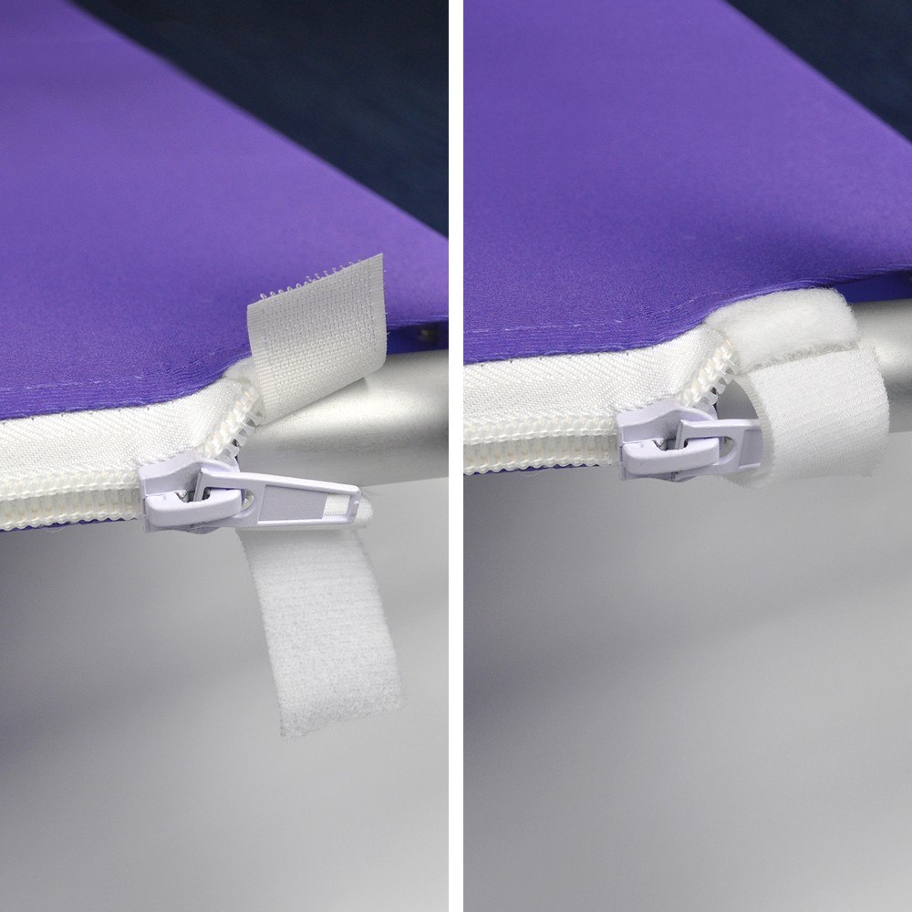 Fixation de la housse textile par fermeture à glissière et patte Velcro