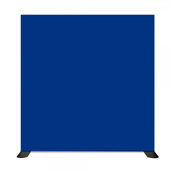 Double-sided freestanding illuminated fabric wall, blue stretched graphic on black feet