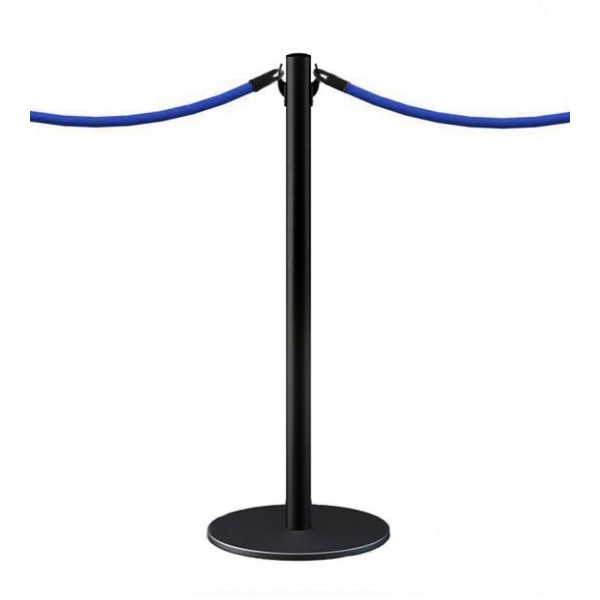 Black retractable belt stanchion with two blue belts attached on both sides