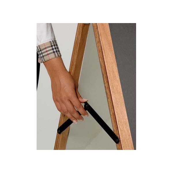Detail of articulated metal support bar between the two easel feet