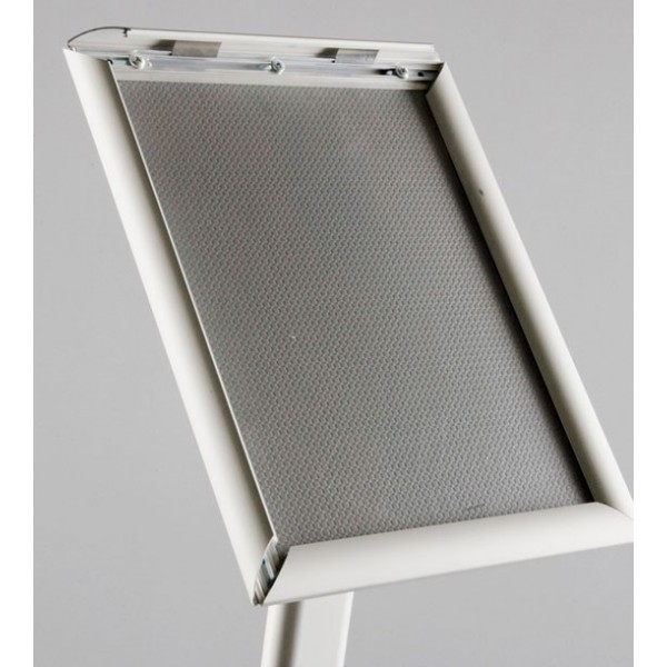 Aluminium snap frame poster stand, detail of front opening and profile angle