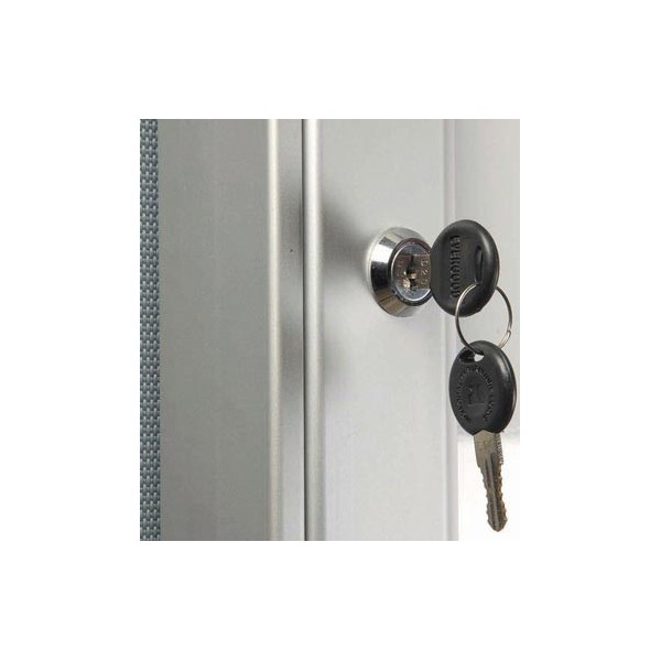 Key-secured cylindrical chrome lock with two keys on display cabinet door