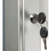 Key-secured cylindrical chrome lock with two keys on display cabinet door